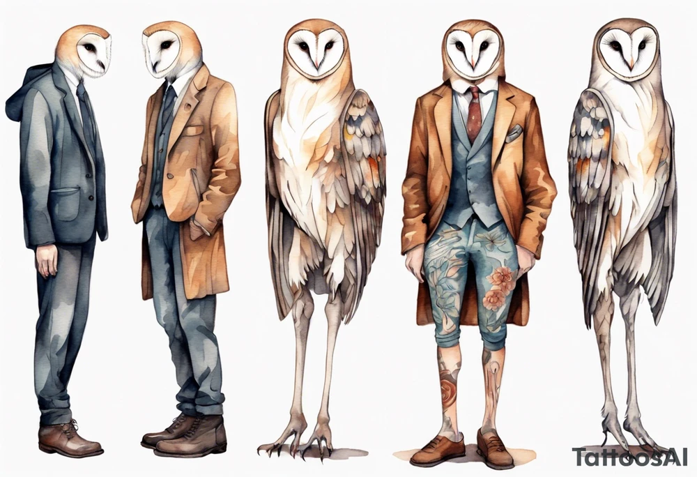 a skinny man with long legs and the head of a barn owl wearing wool leggings and poulaines tattoo idea