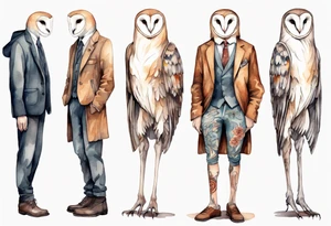 a skinny man with long legs and the head of a barn owl wearing wool leggings and poulaines tattoo idea