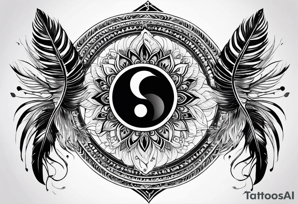 Mandala feather, incorporates music, birds, yin and yang, and water tattoo idea
