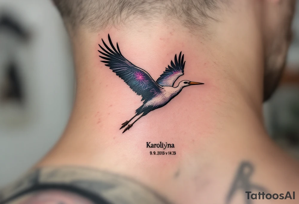 Stork silhouette flying above name Karolína  and numbers "9.9.2019 v 14:10", inked in subtle muted tones. tattoo idea