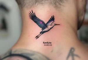 Stork silhouette flying above name Karolína  and numbers "9.9.2019 v 14:10", inked in subtle muted tones. tattoo idea