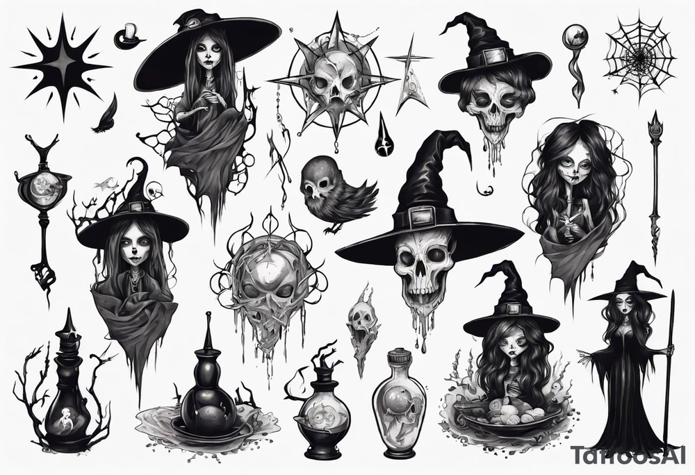 a Tim Burton-style witch necromancer tattoo idea