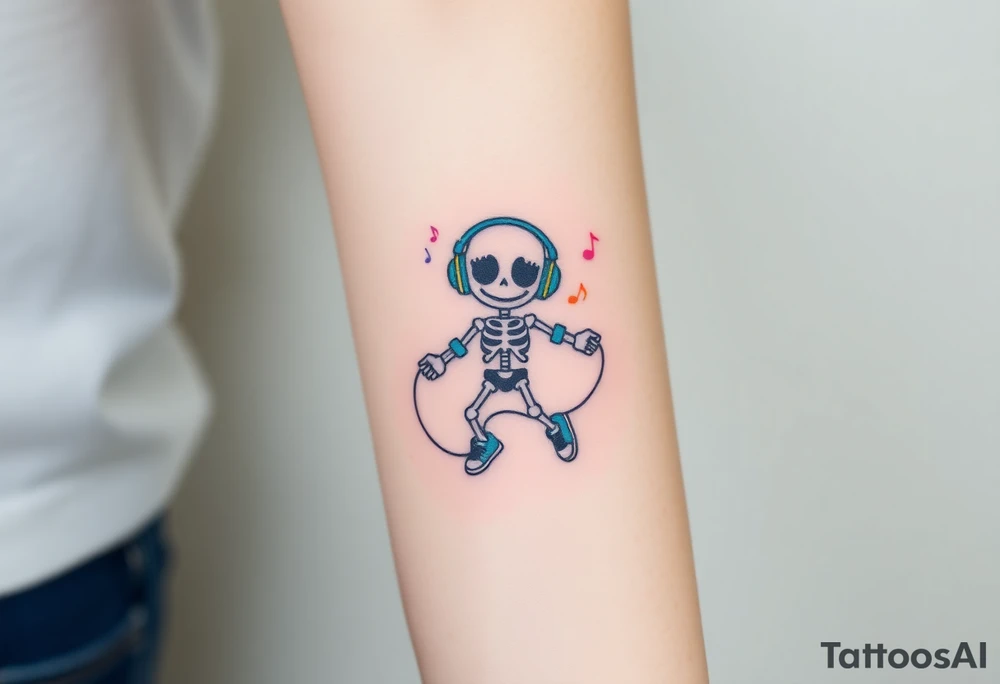 Cute smiley skeleton with love shape in his eyes jumping on a jump rope with blue headphones blue armbands blue sneakers and colorful  music notes around his head tattoo idea