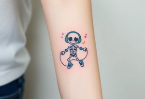 Cute smiley skeleton with love shape in his eyes jumping on a jump rope with blue headphones blue armbands blue sneakers and colorful  music notes around his head tattoo idea