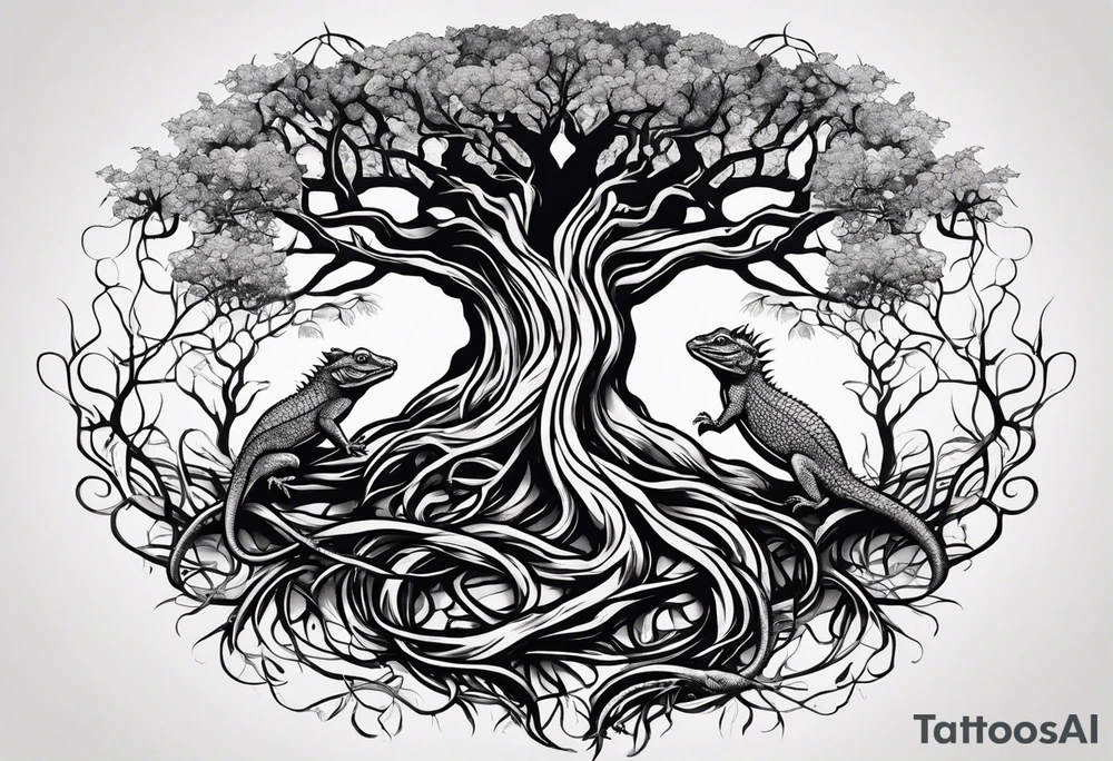 Tattoo around the forearm in the form of intertwined tree roots and two lizards hiding in the roots tattoo idea