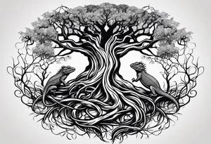 Tattoo around the forearm in the form of intertwined tree roots and two lizards hiding in the roots tattoo idea