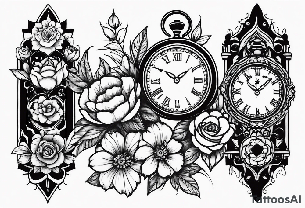 Familia con flor y reloj antiguo para el brazo tattoo idea