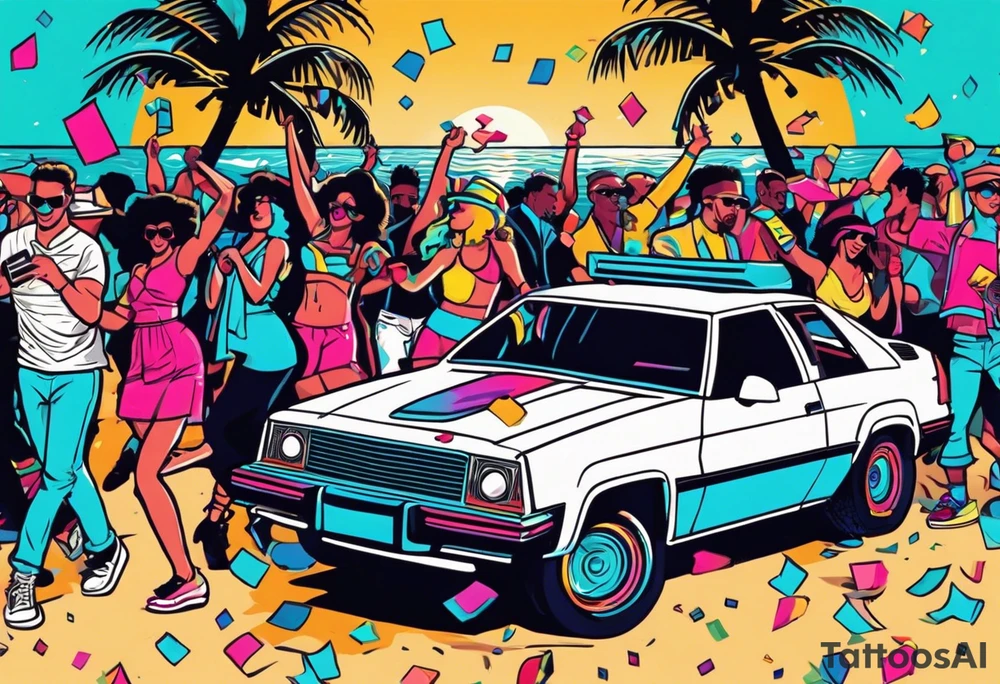 1980's style dance party with boom box and confetti in a beach theme. include people in 80's miami beach clothes, music note. Do not include cars tattoo idea