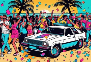 1980's style dance party with boom box and confetti in a beach theme. include people in 80's miami beach clothes, music note. Do not include cars tattoo idea