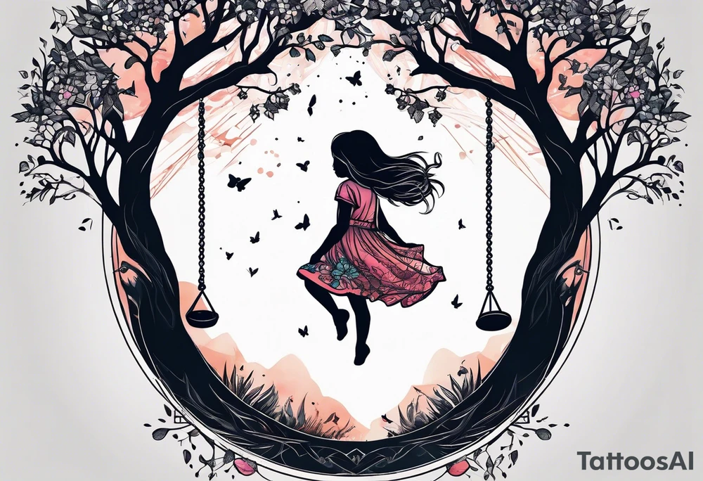 little girl swinging under a tree of life tattoo idea