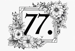 A tattoo in the shape of the number 7. The top horizontal line that forms the 7 is made of the word December. Across the 7 is the number 2024. Include flowers for the month of july and september tattoo idea