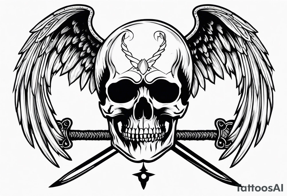 In the center is a half skull pierced by a large sword. On either side of the skull, there are spread angel wings, Beneath the skull is a ribbon weaves through both the skull and the sword tattoo idea