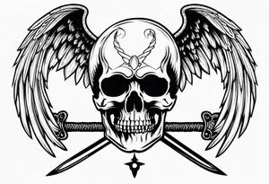 In the center is a half skull pierced by a large sword. On either side of the skull, there are spread angel wings, Beneath the skull is a ribbon weaves through both the skull and the sword tattoo idea