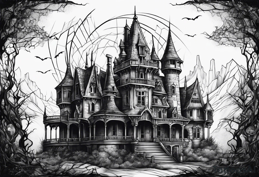 Scary rotting haunted castle tattoo idea
