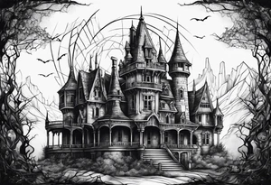 Scary rotting haunted castle tattoo idea