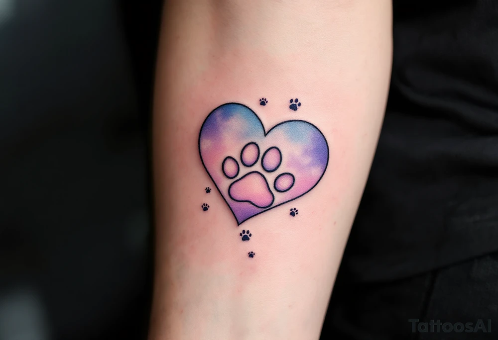 A heart-shaped paw with a subtle gradient of light blues and purples, with tiny paw prints trailing off, representing love’s constant journey and loyalty. tattoo idea