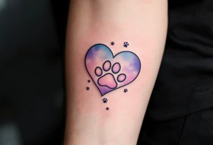 A heart-shaped paw with a subtle gradient of light blues and purples, with tiny paw prints trailing off, representing love’s constant journey and loyalty. tattoo idea