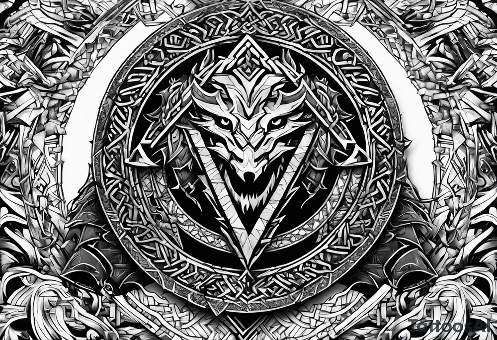 Valhalla sword shield dragon axe Valknut barbed wire chains tribal tattoo idea Valhalla sword shield dragon axe Valknut barbed wire chains tribal tattoo idea