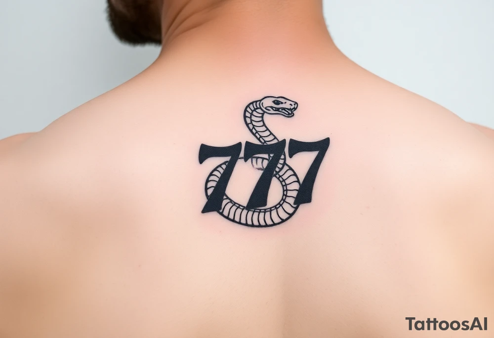 Minimalist black ink tattoo design of a small snake coiled around the number 777. tattoo idea
