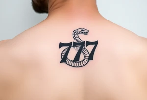 Minimalist black ink tattoo design of a small snake coiled around the number 777. tattoo idea
