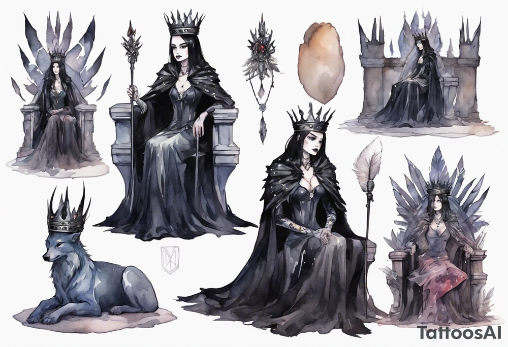 a Visgoth queen wearing a simple iron crown, wearing a feather cloak, sitting on a simple stone throne tattoo idea