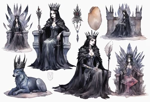 a Visgoth queen wearing a simple iron crown, wearing a feather cloak, sitting on a simple stone throne tattoo idea