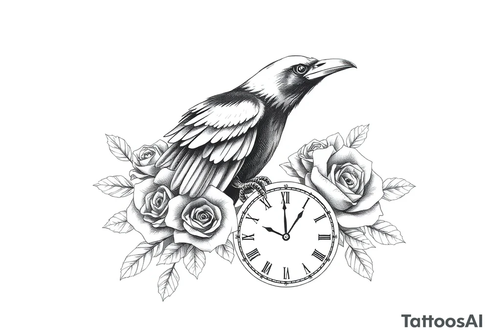 raven,roses,clock. tattoo idea