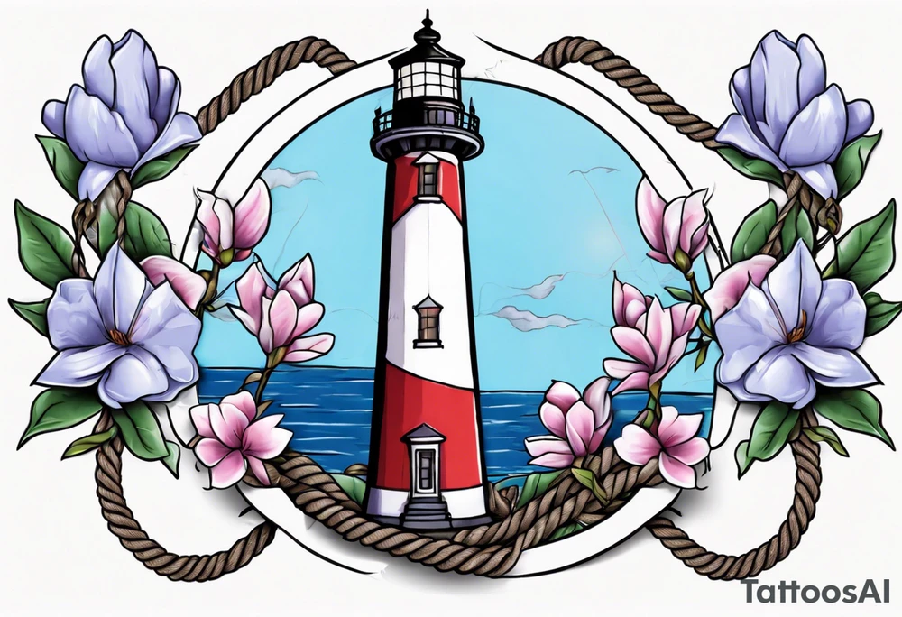 tattoo of a light house bordered by magnolia flowers and rope. Behind the light house is a periwinkle blue cancer ribbon tattoo idea