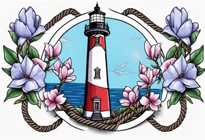 tattoo of a light house bordered by magnolia flowers and rope. Behind the light house is a periwinkle blue cancer ribbon tattoo idea