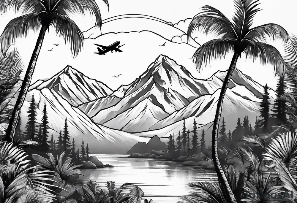mountains palm trees airplanes tattoo idea