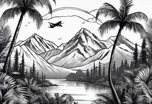 mountains palm trees airplanes tattoo idea