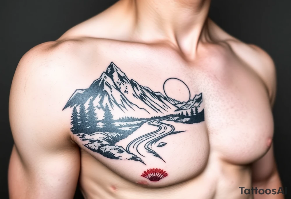 Mountains with river and sunset tattoo idea