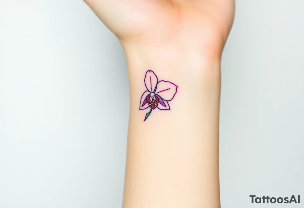 A tiny purple orchid outline, placed delicately behind the ear for a subtle yet elegant touch tattoo idea