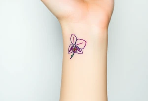 A tiny purple orchid outline, placed delicately behind the ear for a subtle yet elegant touch tattoo idea