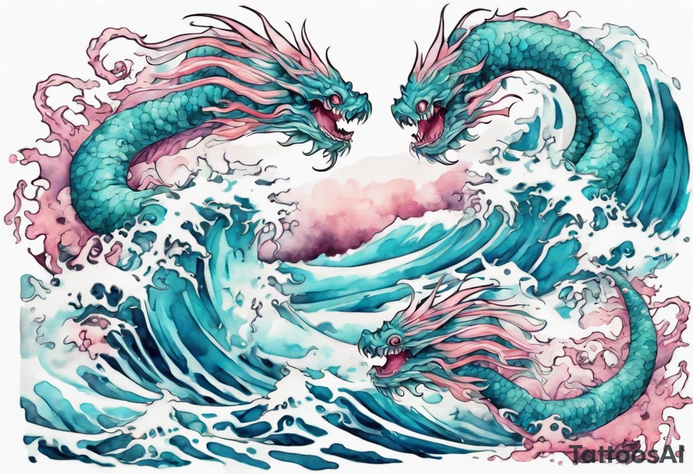 a beautiful turquoise and white and pink sea monster rising from the blue waves of the ocean tattoo idea
