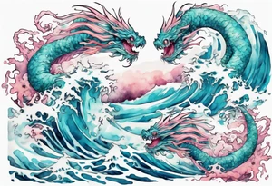 a beautiful turquoise and white and pink sea monster rising from the blue waves of the ocean tattoo idea