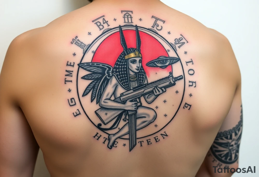 "Anubis in a ufo, holding a tommy gun. . Hieroglyph background spells 'BTC TO THE MOON'.  

Style: Art Deco meets cyber-Egyptian. Black/red/gold ink. Forearm sleeve." tattoo idea