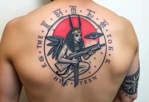 "Anubis in a ufo, holding a tommy gun. . Hieroglyph background spells 'BTC TO THE MOON'.  

Style: Art Deco meets cyber-Egyptian. Black/red/gold ink. Forearm sleeve." tattoo idea