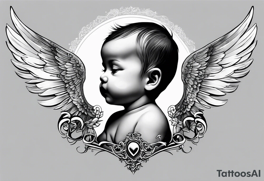 Tattooed baby with angel wings. Sided view so that we see only one wing. Name Leah written under in gothic letters. tattoo idea