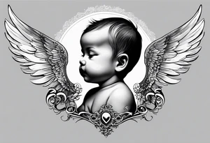 Tattooed baby with angel wings. Sided view so that we see only one wing. Name Leah written under in gothic letters. tattoo idea