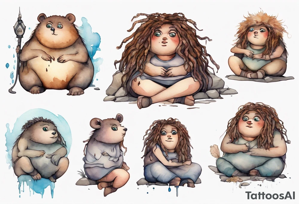 a plump mole woman with large eyes pale fur and messy brown dreadlocks sitting in a simple stone throne tattoo idea