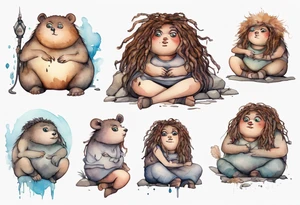 a plump mole woman with large eyes pale fur and messy brown dreadlocks sitting in a simple stone throne tattoo idea