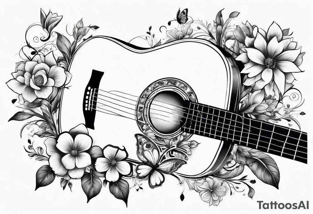 Guitar with flowers growing off the side, butterflies, small tattoo idea