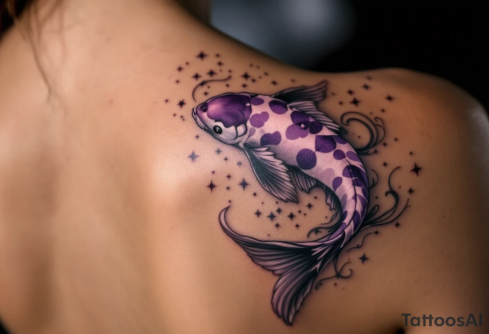 Purple Koi in Moonlight – A unique deep purple koi shimmering under a moonlit sky, with silver waves and subtle star-like sparkles around it. tattoo idea