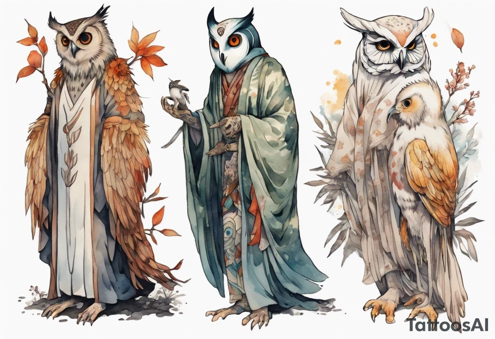 a tall thin creature in an ancient robe wearing an owl mask walking in a forest with the feet of a bird and wings instead of arms tattoo idea