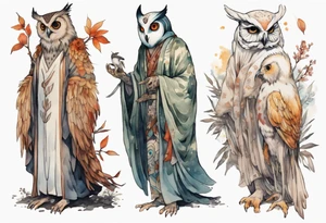 a tall thin creature in an ancient robe wearing an owl mask walking in a forest with the feet of a bird and wings instead of arms tattoo idea