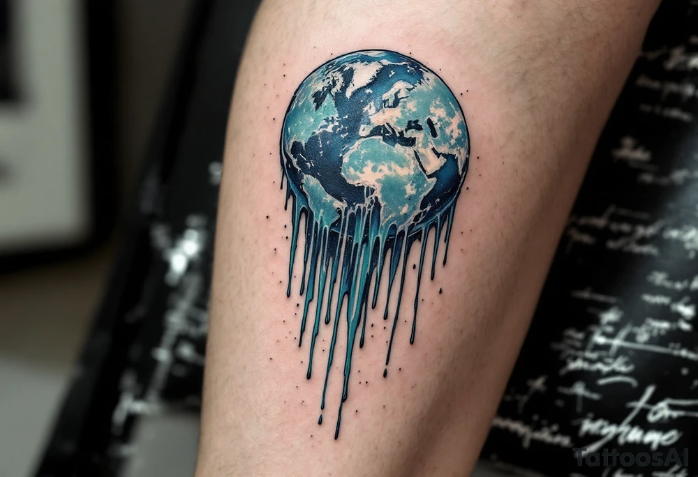 A melting Earth tattoo in icy blue and dull green drips dramatically down the calf. tattoo idea