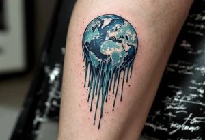 A melting Earth tattoo in icy blue and dull green drips dramatically down the calf. tattoo idea