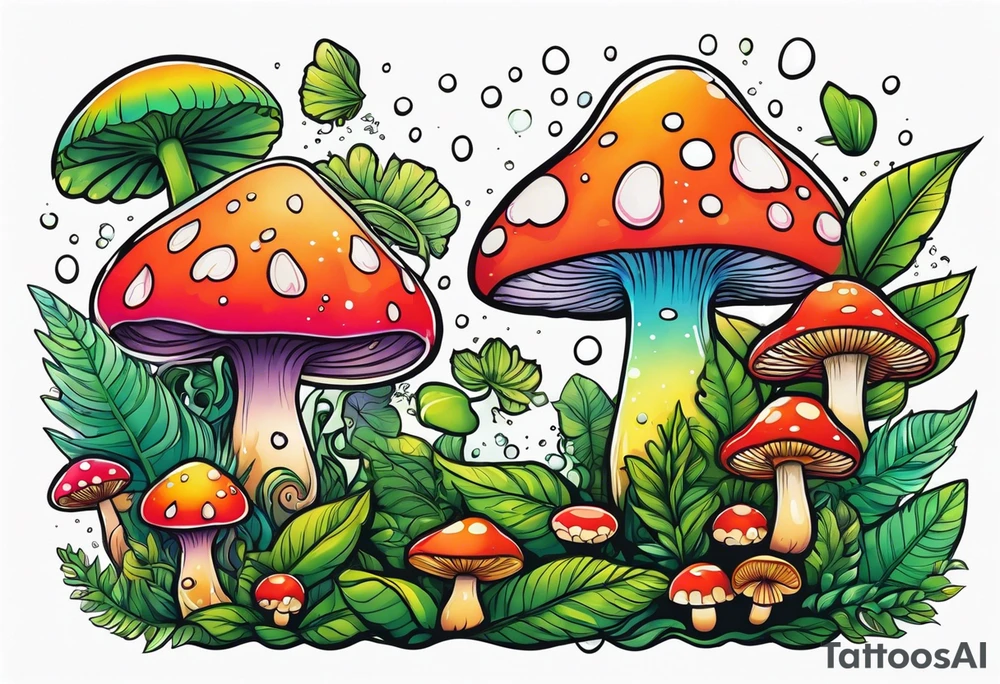 Rainforest with mushrooms and fairies and dew drops tattoo idea