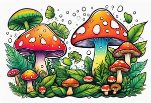 Rainforest with mushrooms and fairies and dew drops tattoo idea